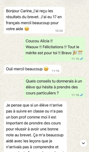 Message d'Alicia : « J'ai eu 17 en français, merci beaucoup pour votre aide »