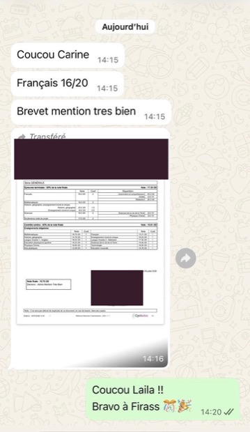 Message : « Français 16/20, Brevet mention très bien », avec le relevé de notes anonymisé