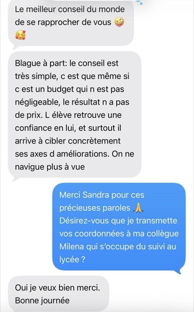 Sandra : « le résultat n'a pas de prix, l'élève retrouve confiance en lui »